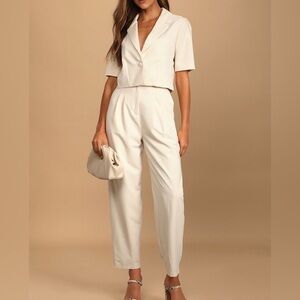 Lulus Ivory Pleated High-Waisted Trouser pants cropped short sleeve blazer small